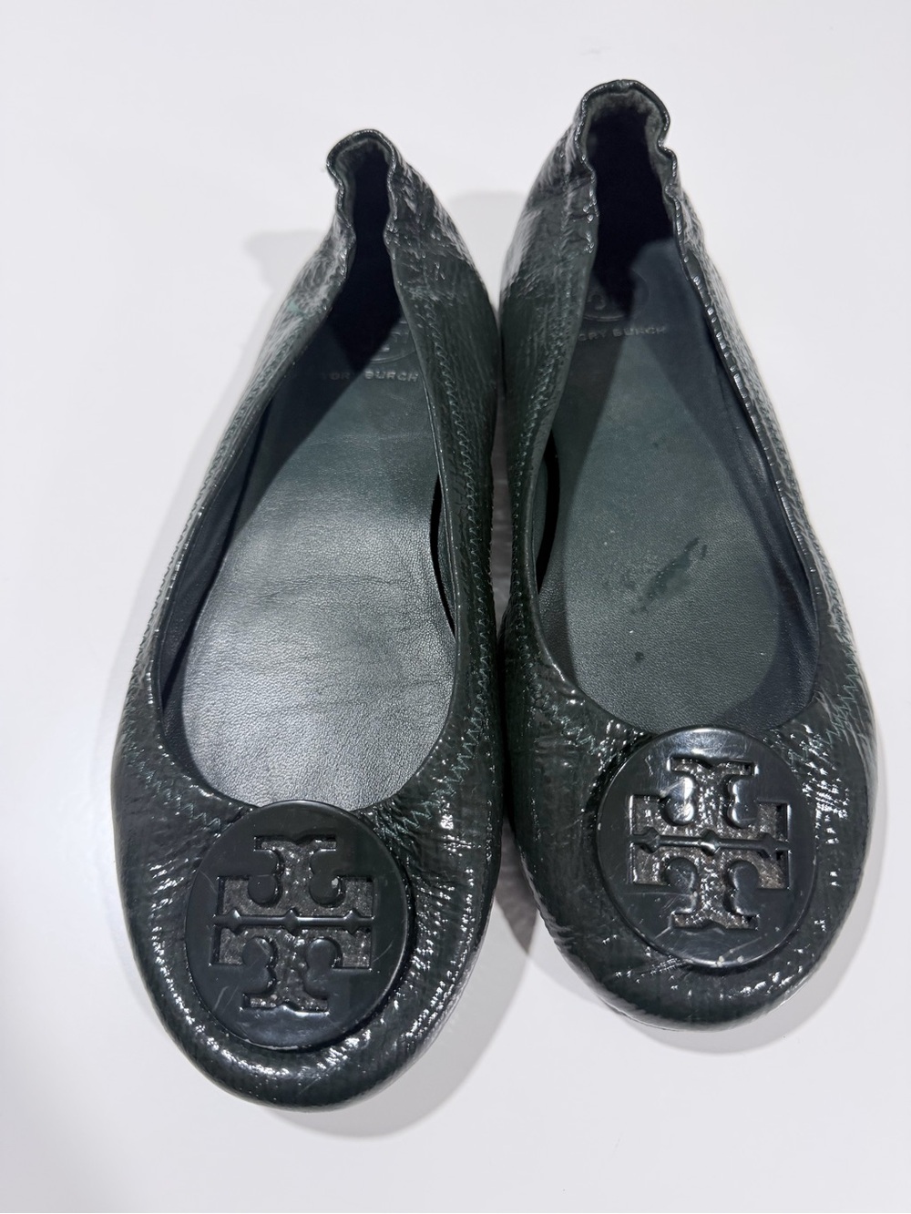 Tory Burch hunter green Logo Leather Ballet Flats